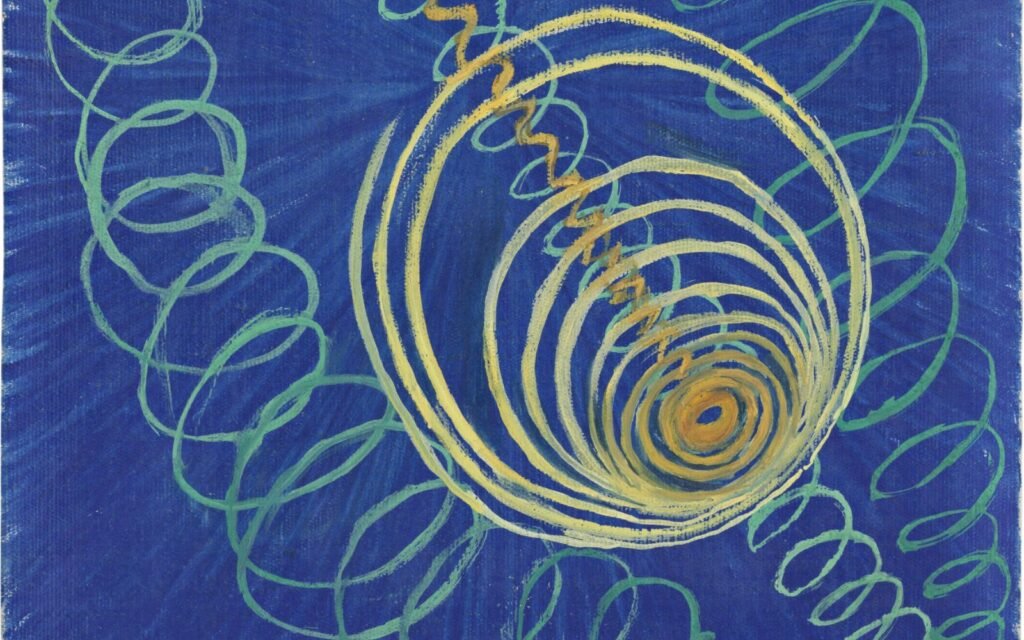 Abstract painting of gold and green spirals swirling on a deep blue background