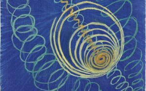 Abstract painting of gold and green spirals swirling on a deep blue background