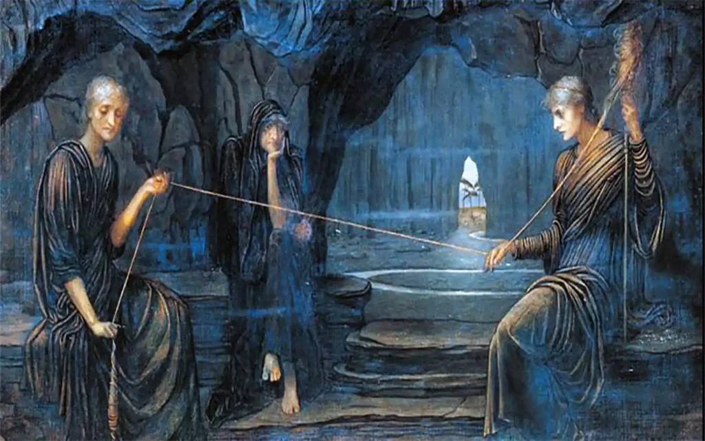 The three Fates spinning and weaving the threads of life.