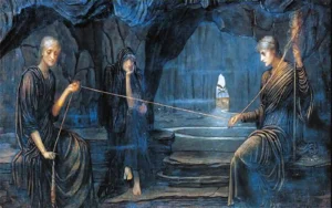 The three Fates spinning and weaving the threads of life.